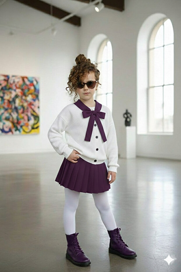 Pleated Bow Flared Holiday Outfit for Girls