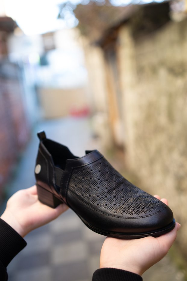 Ern-835 Eren Shoes&Bag Genuine Leather Laser Print Patterned Women's Shoes Real Leather Black