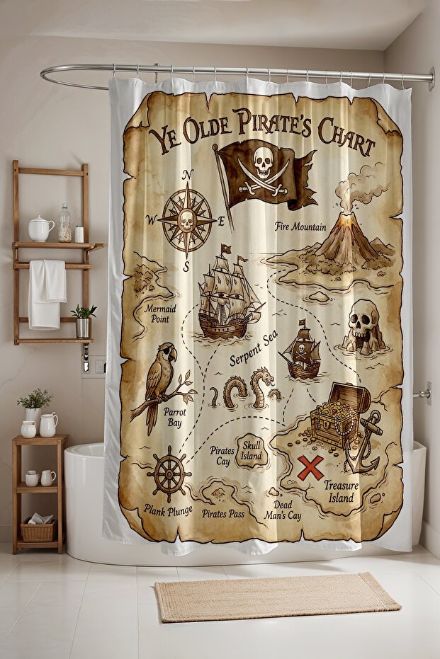 Bathroom Curtain, Treasure Hunt Patterned Shower Curtain, Bathtub Curtain 175X200Cm