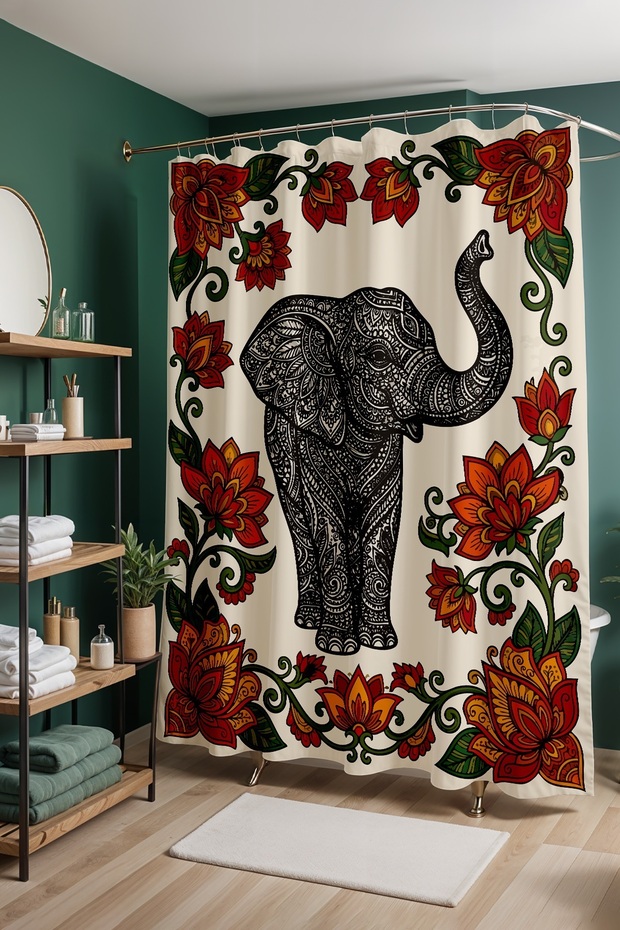 Bathroom Curtain, Ethnic Elephant Patterned Shower Curtain, Bathtub Curtain 175X200Cm