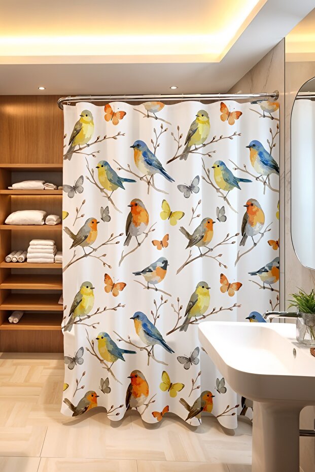 Bathroom Curtain, Cute Spring Birds Patterned Shower Curtain, Bathtub Curtain 175X200Cm