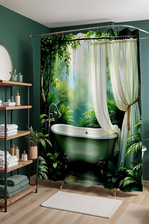 Bathroom Curtain, Forest Themed Bathroom Patterned Shower Curtain, Bathtub Curtain 175X200Cm