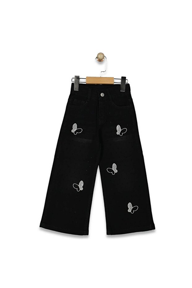 Black Girls' Jeans with Stone Butterfly Embroidery