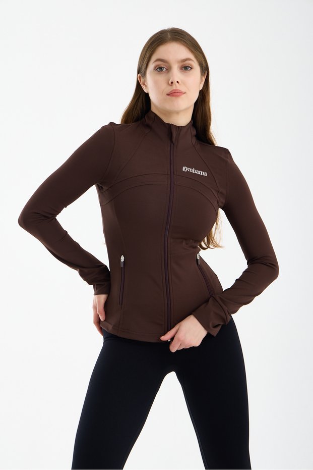 Coffee Women's Premium Sports Jacket – Long Sleeve, Zippered, Yoga Pilates Fitness Running Training Top