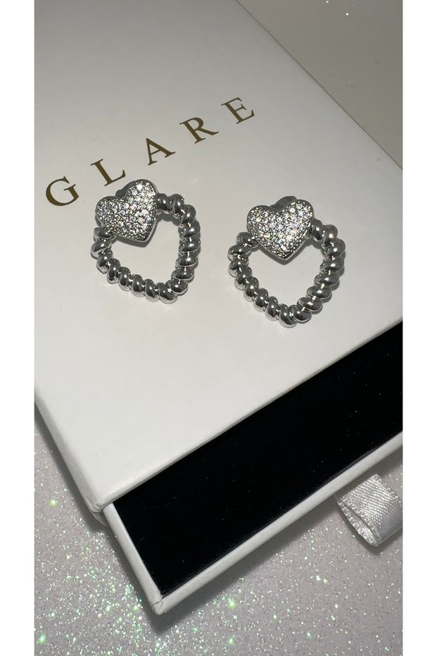 Heart Detailed Zircon Stone Embellished Luxury Steel Earrings