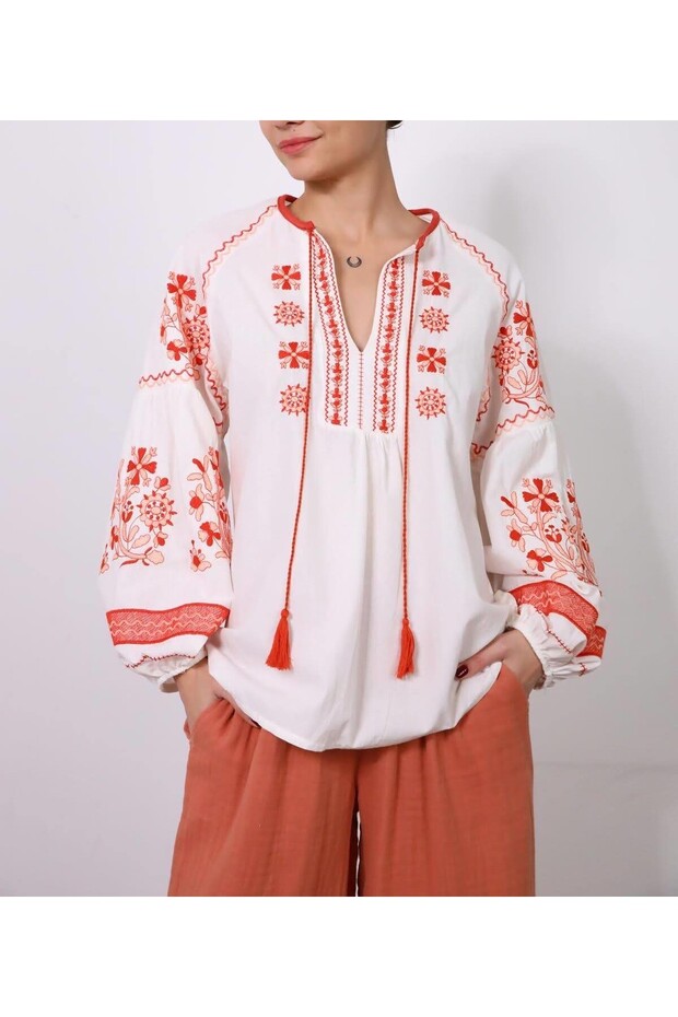 Embroidered Bishop Sleeve Blouse