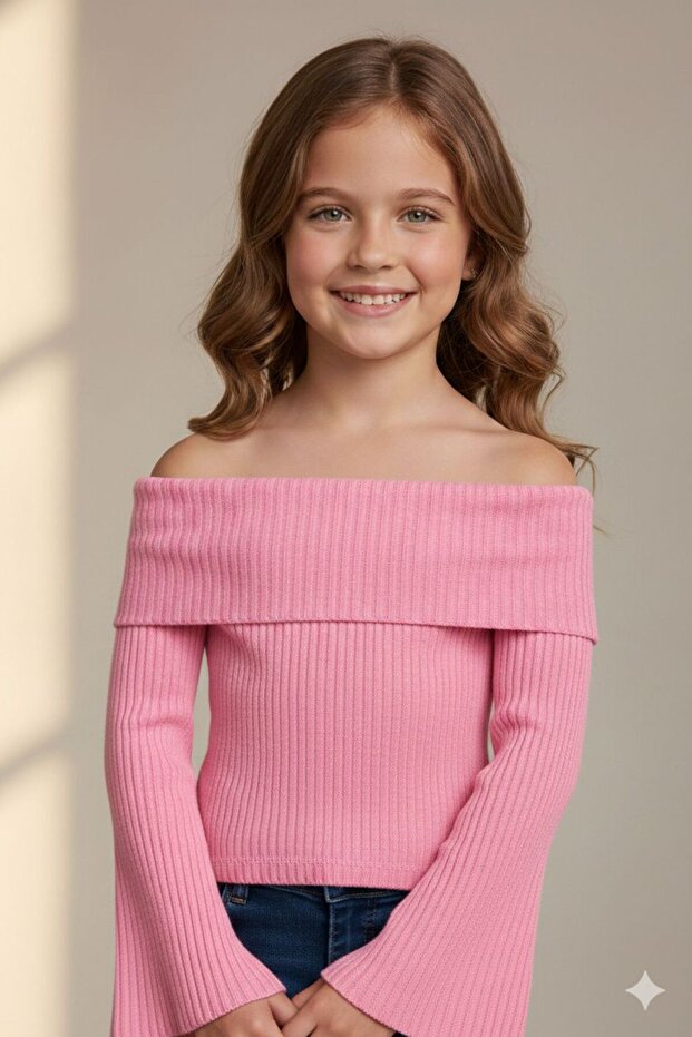 Girls' Terry Fabric Bluz with Madonna and Bat Sleeve Details