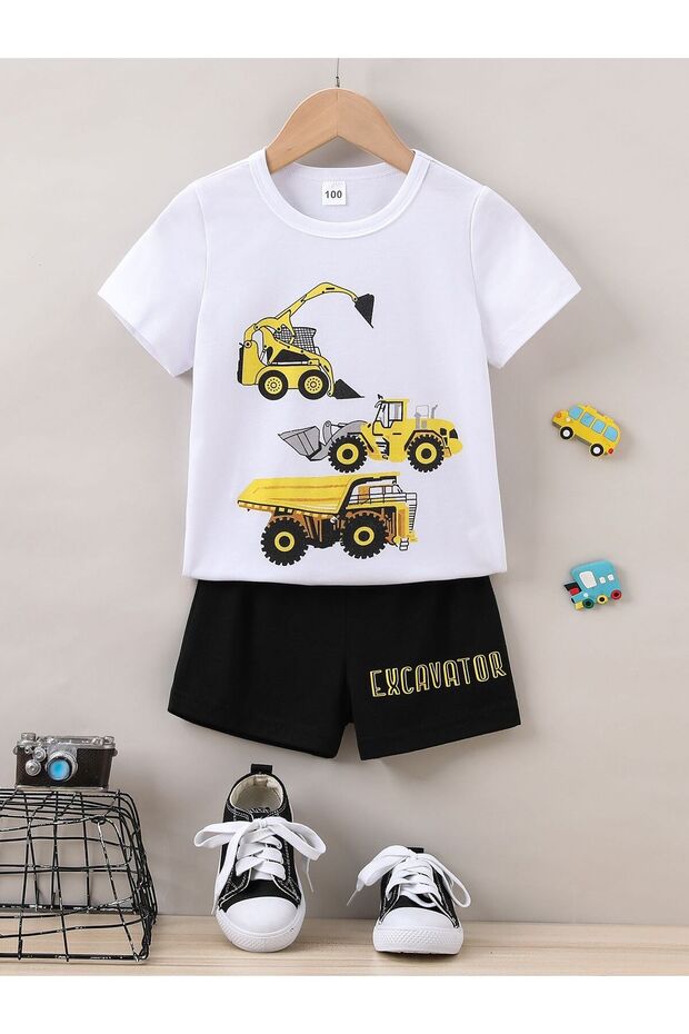 Summer Excavator Printed Boys' Black Shorts and White T-Shirt Set
