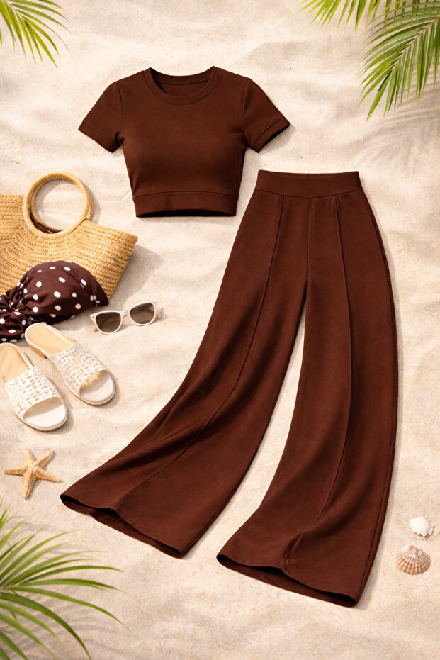 Premium Modal Fabric Cropped Set – High-Waist Wide-Leg Trousers Two-Piece Set