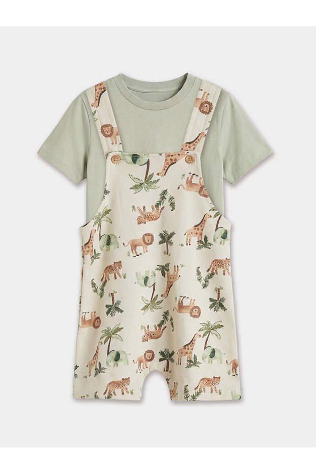 Beige Crew Neck Baby Boy Salopet and T-Shirt