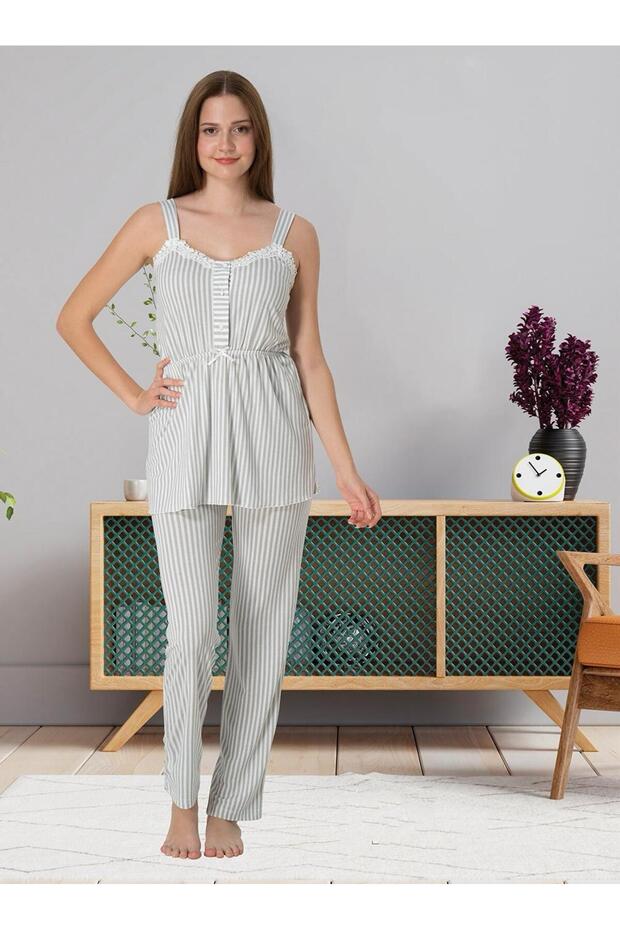 Dvina Maternity Striped Patterned and Strappy Pajama Set - Gray