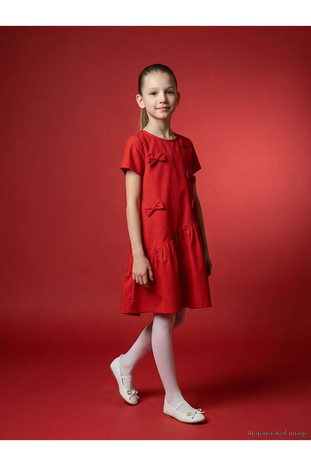 Nevaa Collection Red Crew Neck Bow Detail Girls' Dress