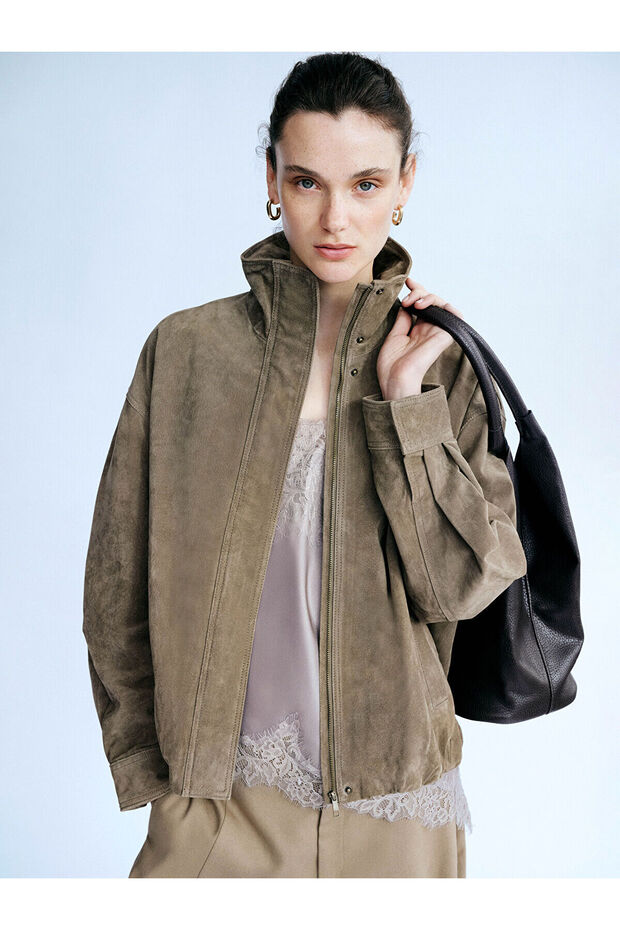 Beige Stand Collar Oversize Women's Suede Look Jacket