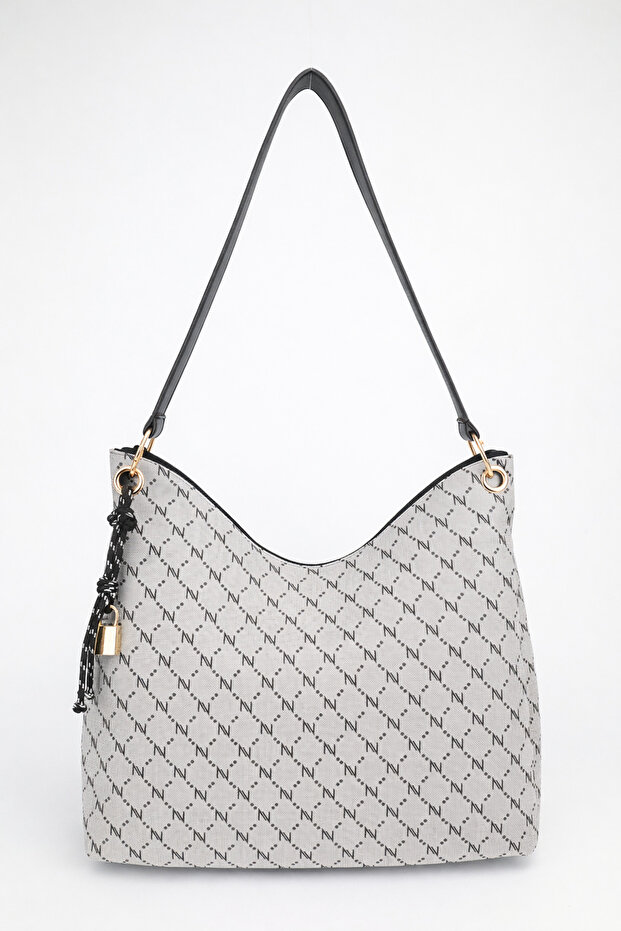 Women's Monogram Gray Charm Detailed Zipper Closure Hand and Shoulder Bag Toli