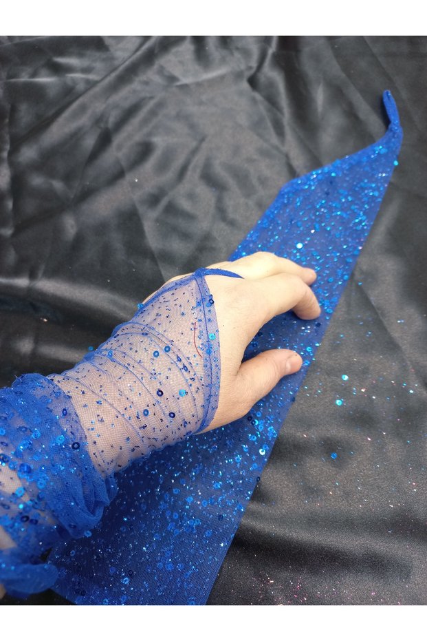 Vespera Glittery Sequined Shahmaran Gloves Cobalt Blue