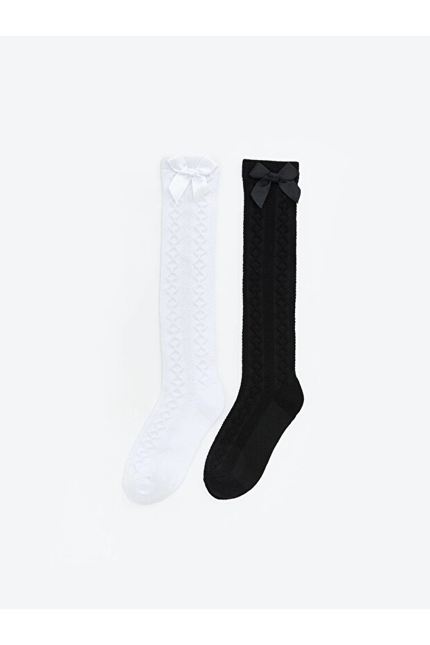 Lcw Kids White Bow Detailed Girls' Knee Socks 2 Pack