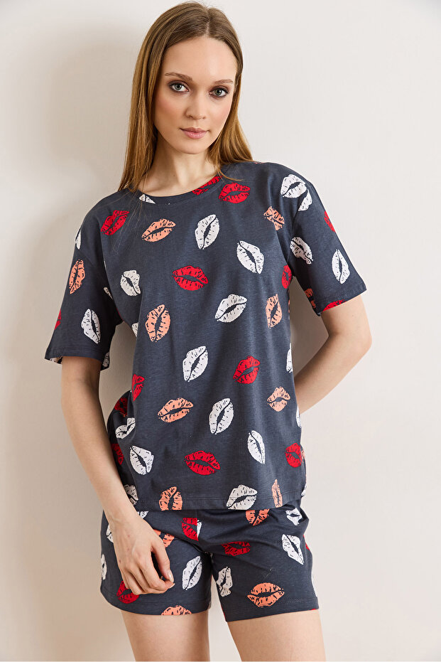 Women's Lip Anthracite 100% Cotton Shorts Pajama Set Pjm-00000027