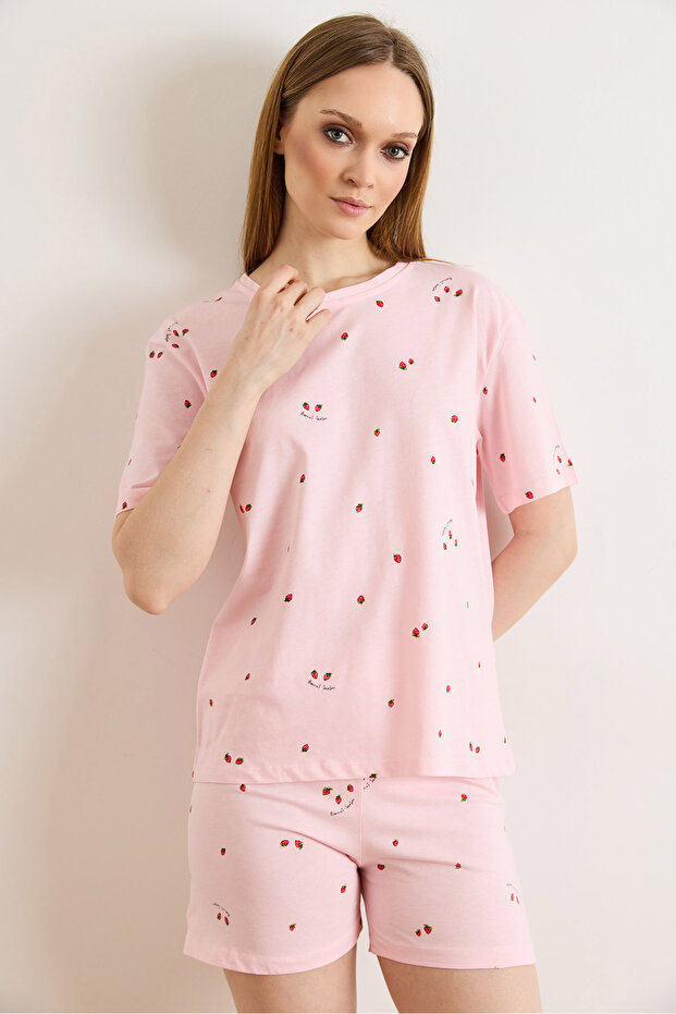 Women's Tiny Strawberry Pink 100% Cotton Shorts Pajama Set Pjm-00000027