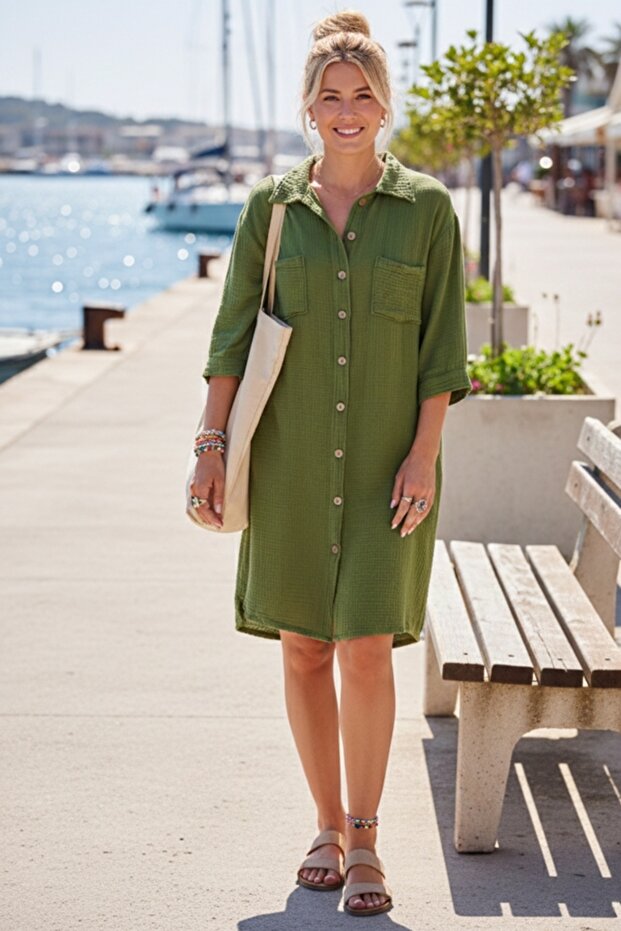 Pine Green Shirt Collar Short Sleeve Buttoned Double Pockets Casual Muslin Loose Woven Dress 95 65