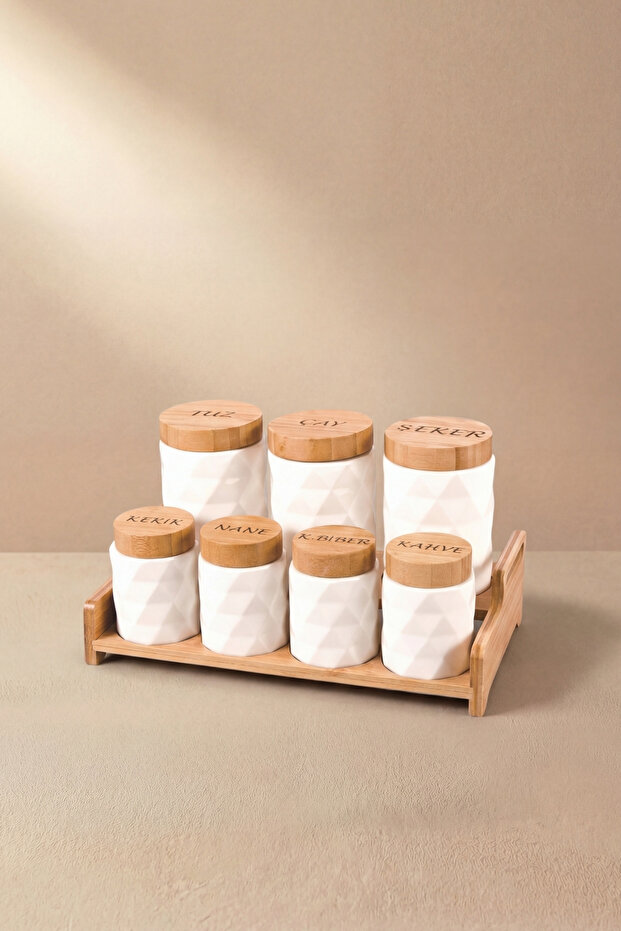 Porcelain 8-Piece Spice Set, Geometric Textured Porcelain Jar Set with Bamboo Lids, Bamboo Stand