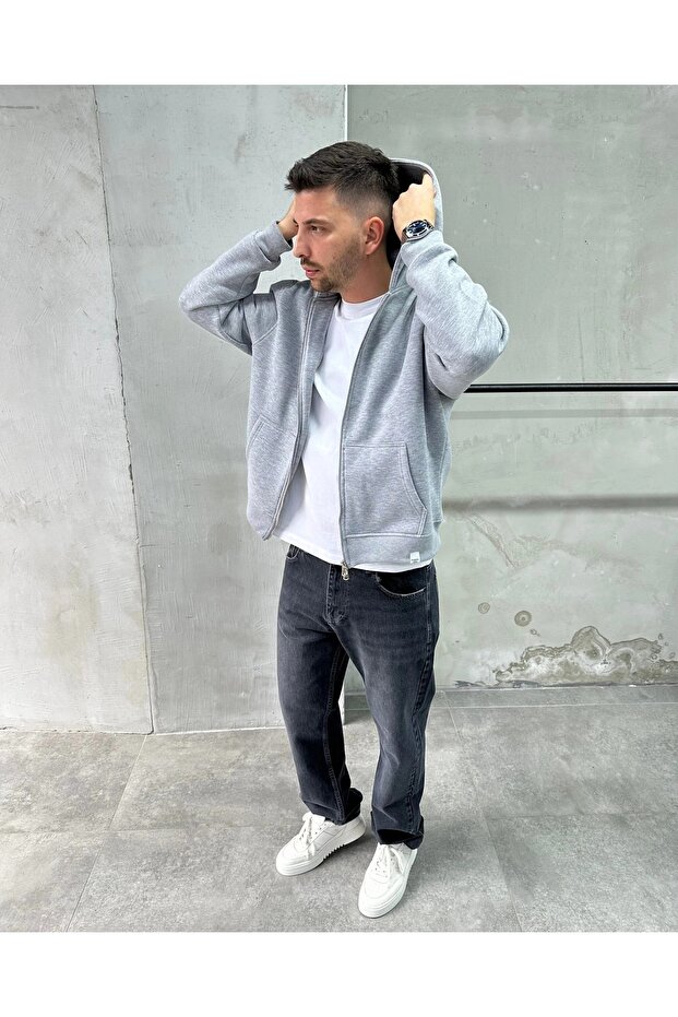 Erkek Kapüşonlu Basic Sweatshirt - 3