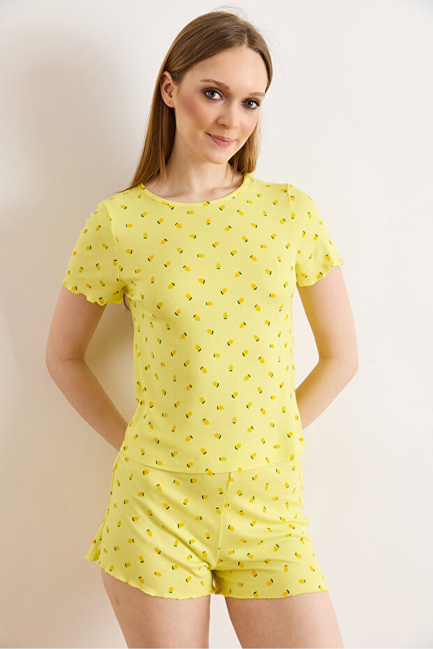 Women's Yellow Lemon Viscose Shorts Pajama Set Pjm-00000029