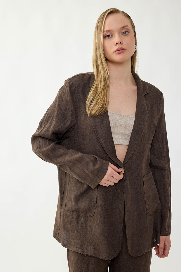 100% Linen Single Button Pocket Jacket - 4