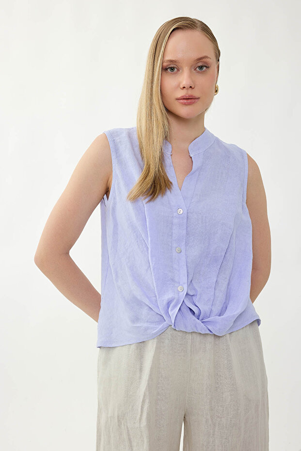 بلوزة من الكتان بنسبة 100% مع أزرار أمامية وربطة أمامية - 2