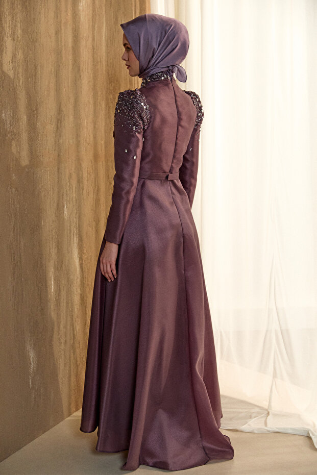 İşlemeli Tafta Abiye Elbise - 8