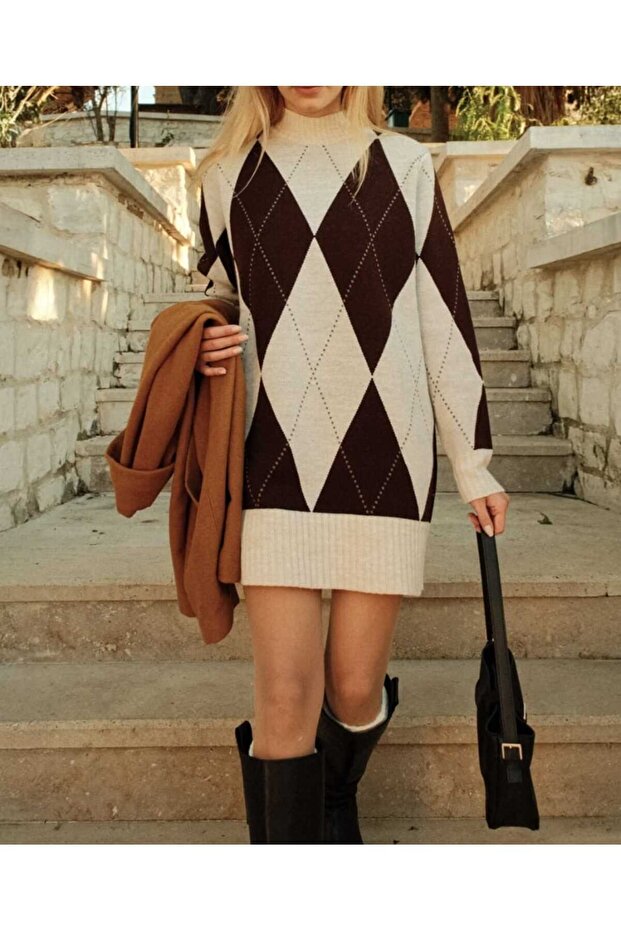 Hakim Yaka Bakvala Patterned Comfortable Fit Knitwear Mini Dress