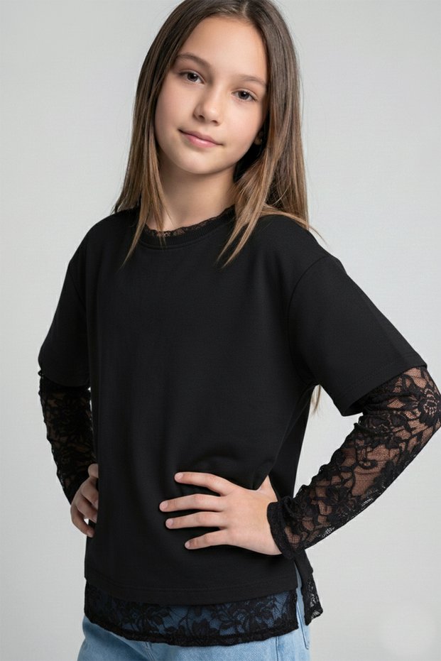 Girl's Lace Sleeve Short Sleeve T-Shirt