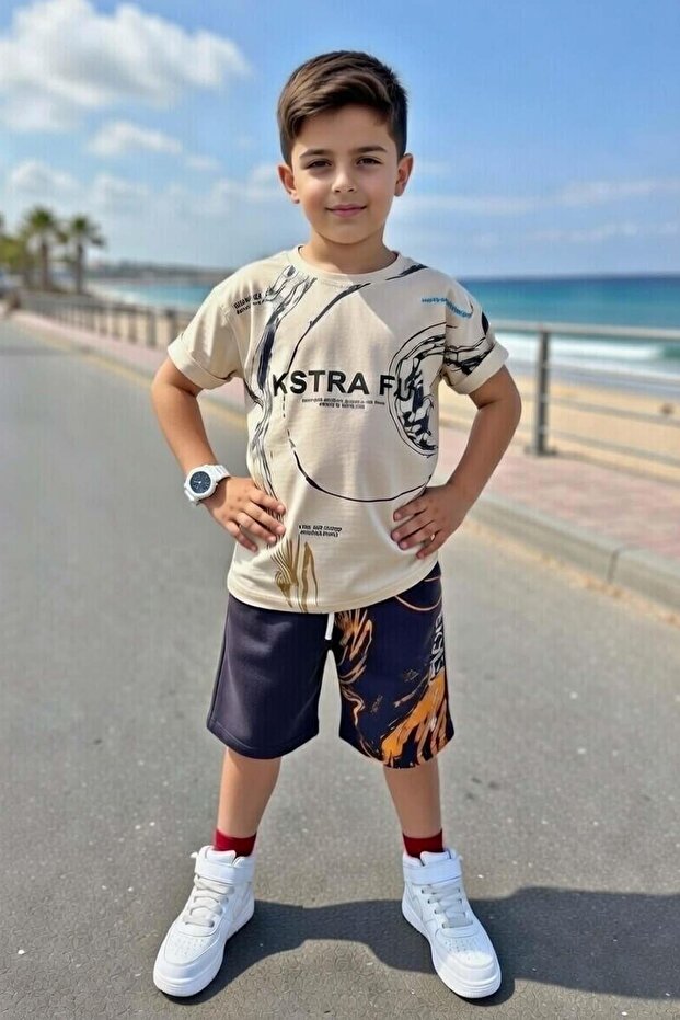 Boy's Beige T-Shirt and Shorts Set with Shapes and Fun Text Printed on It