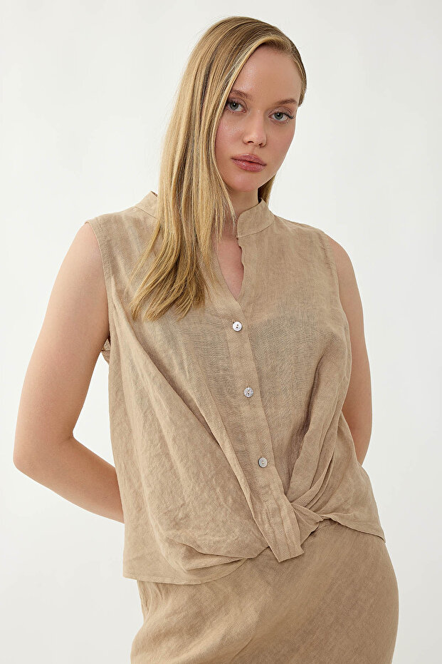 100% Linen Button Front Gathered Blouse - 3