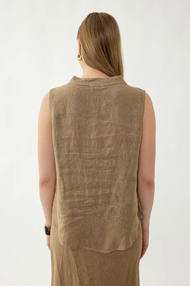 بلوزة من الكتان بنسبة 100% مع أزرار أمامية وربطة أمامية - 5