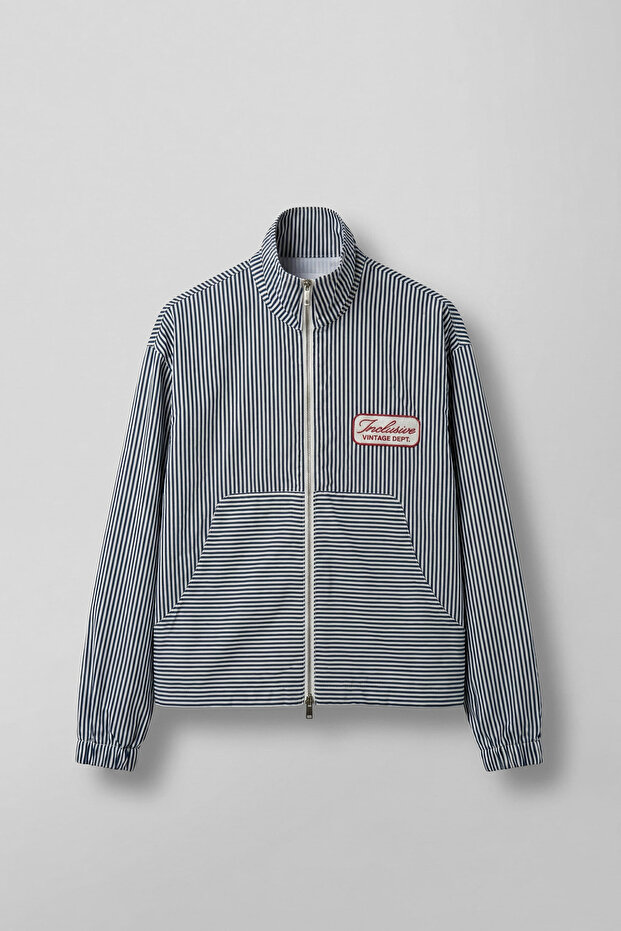 Men's Relaxed Fit Striped Zippered Stand Collar Vintage Jacket Navy Blue