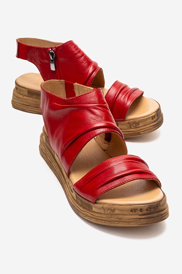 Lunas Red Genuine Leather Women's Sandals with Side Zipper