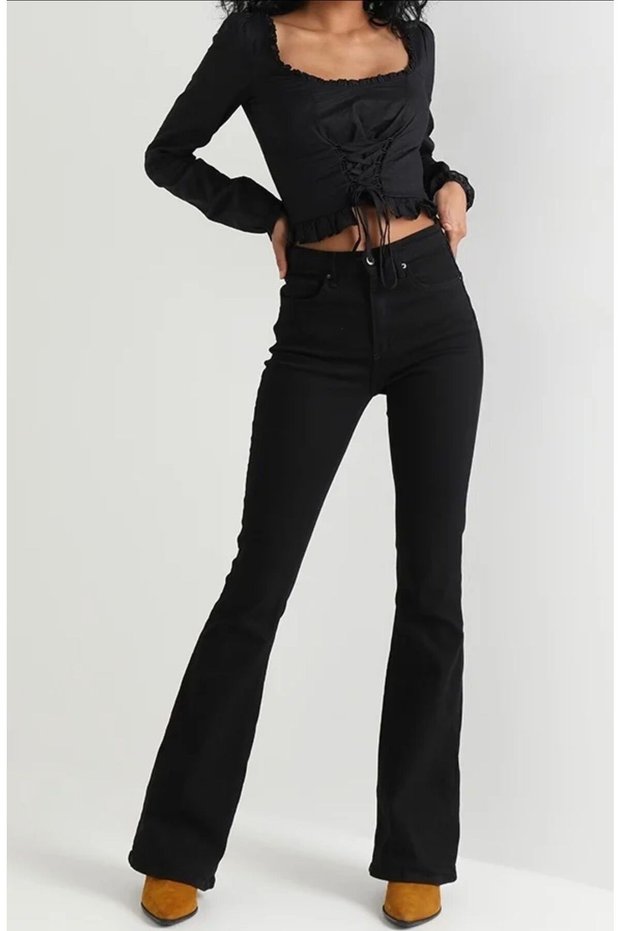 Ispanyol Black Vitage Clean Flare Wide Leg High Waist Stretchy Women's Trousers Jean