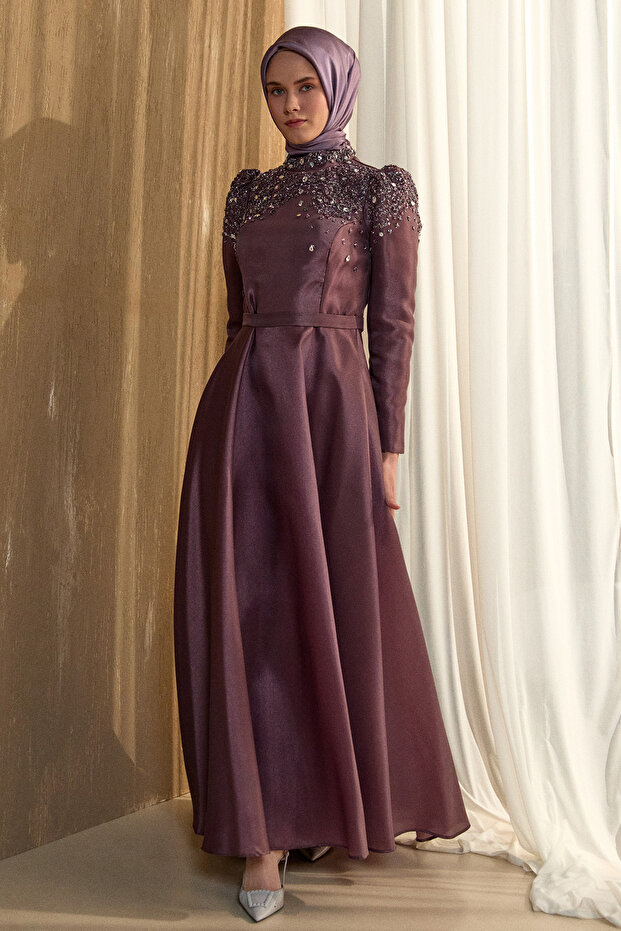 İşlemeli Tafta Abiye Elbise - 5