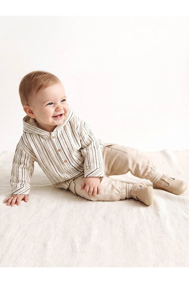 Lcw Baby Ecru Striped Baby Boy Hooded Top and Pants Set