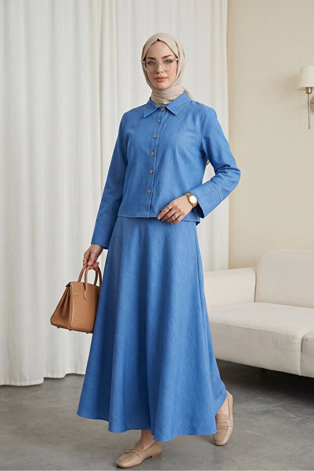 Buttoned top flared skirt tencel suit - blue