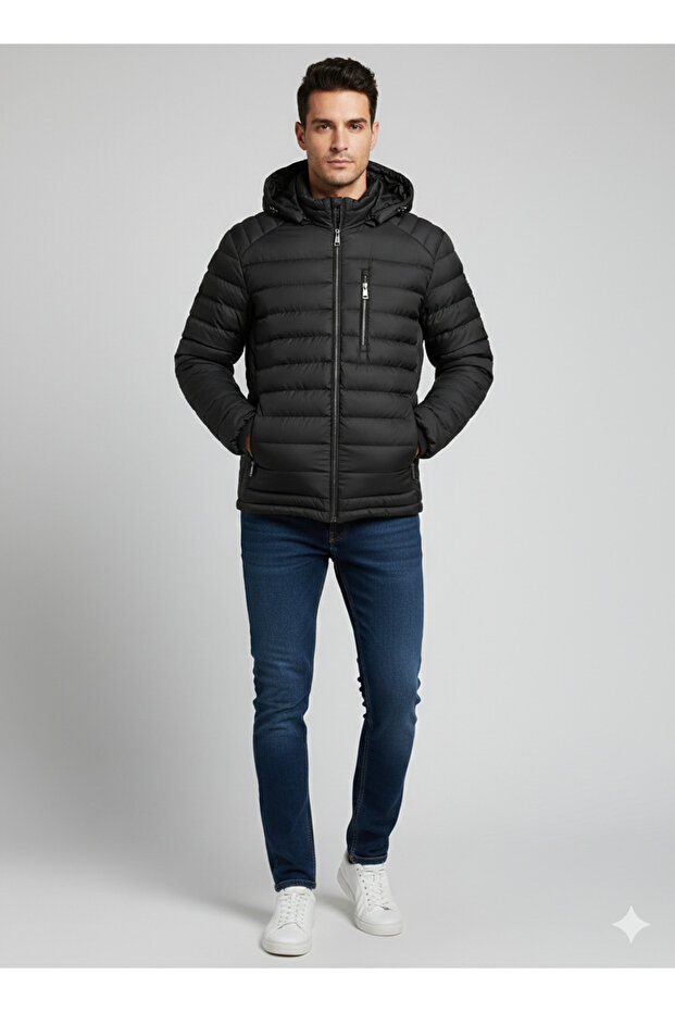 Erkek kapşonlu siyah mont - 1