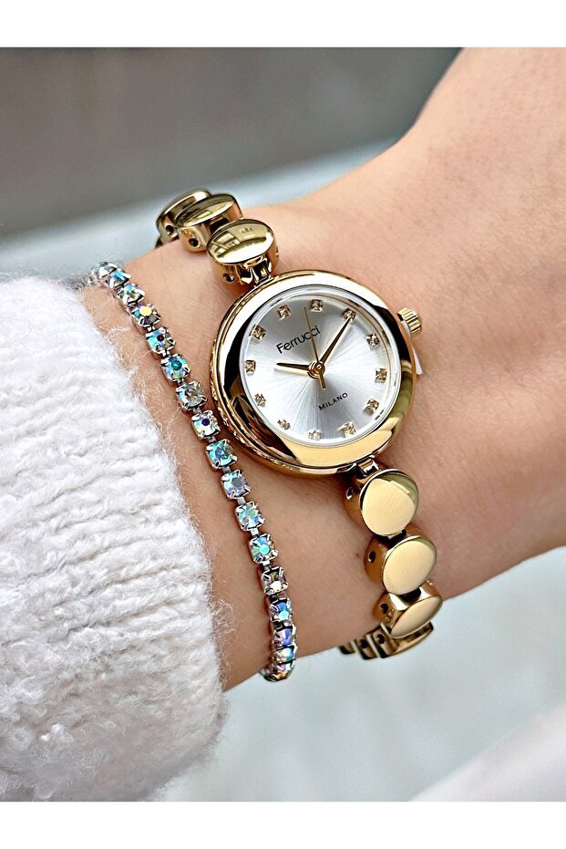 Silver Dial Stone Numbers Gold Metal Women's Wristwatch