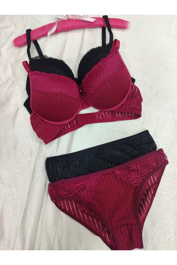 Women's Striped Lace Detailed Push-Up Padded Bra Panty Set