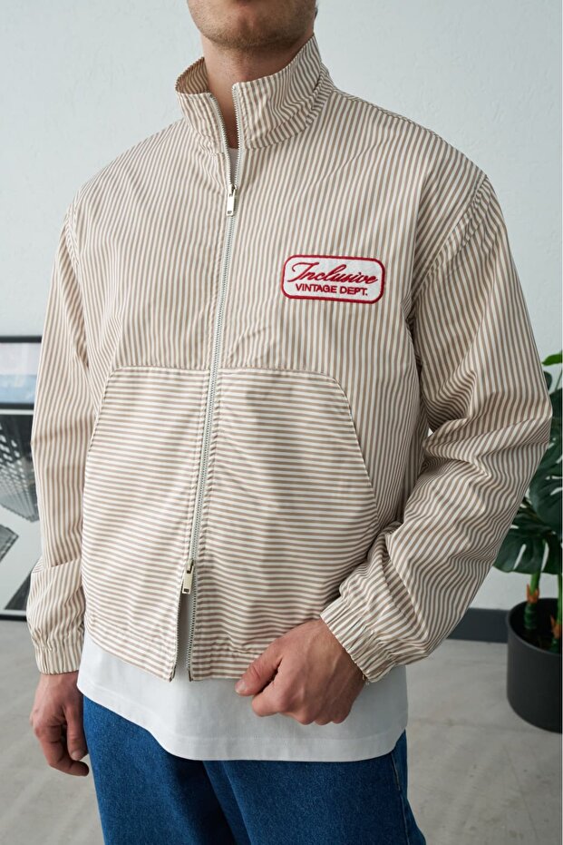 Men's Comfortable Fit Stand Collar Striped Vintage Embroidered Lined Seasonal Jacket