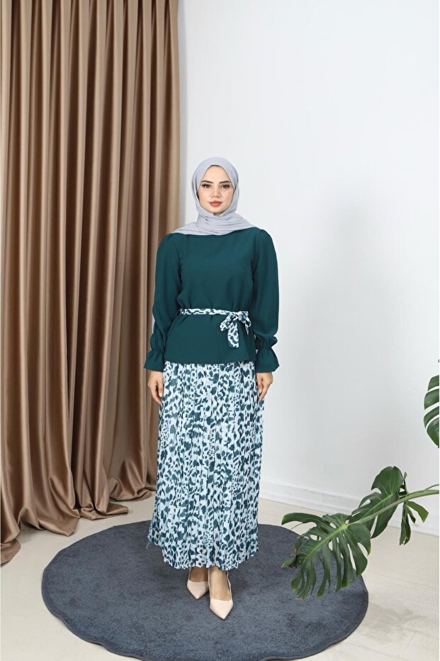Leopard Printed Li Pleated Skirt Belt Detailed Double Suit Emerald Hnt8511