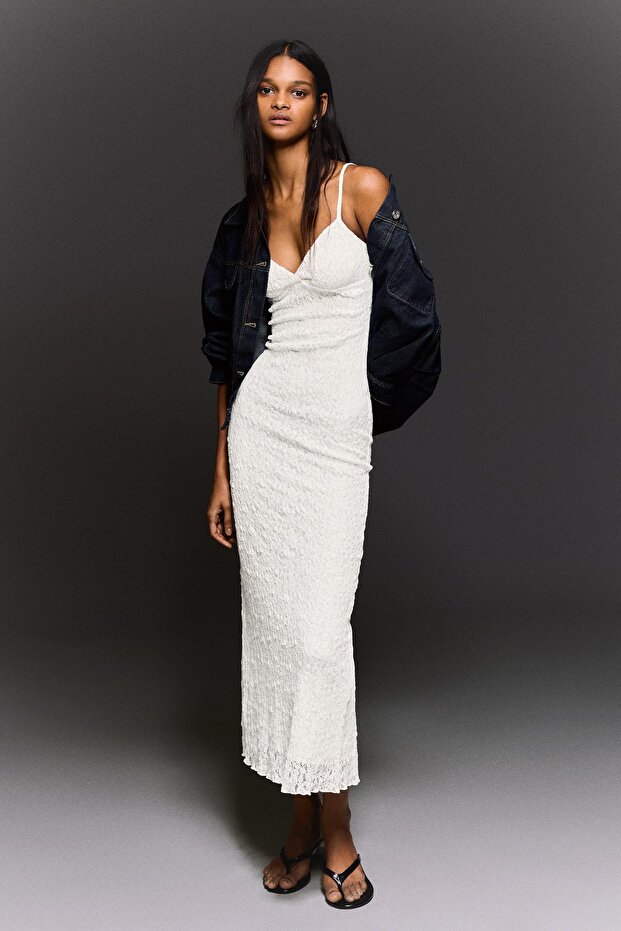 Dantelli askılı midi elbise - 2