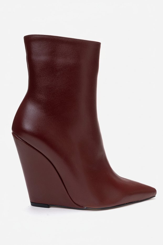 Burgundy Leather Pointed Toe Wedge Heeled Women's Boots Polly