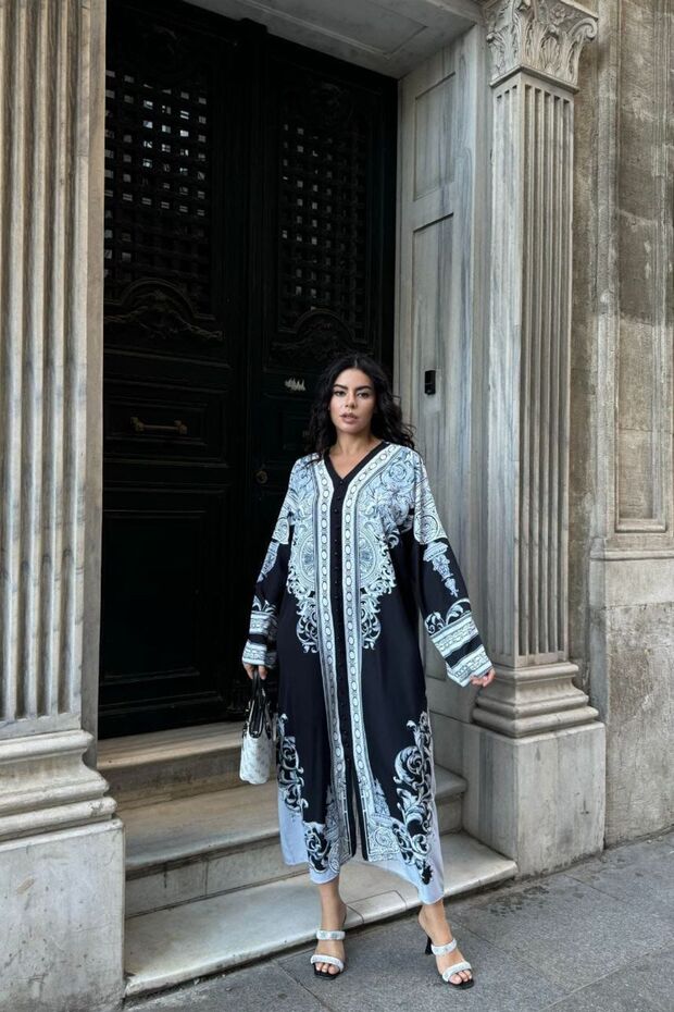 MSN Baskılı V Yaka Maxi Elbise - 1