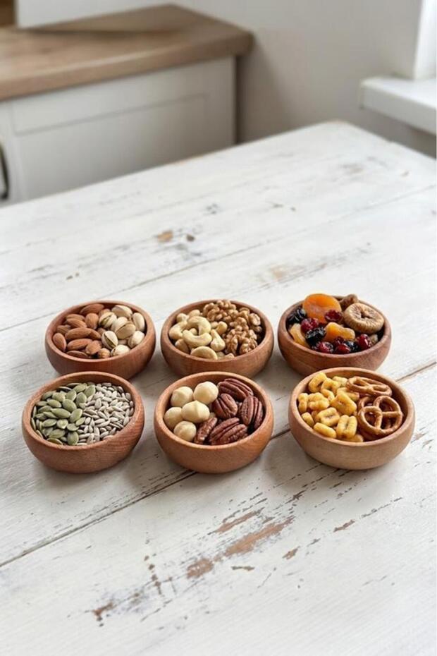 6-Piece Natural Wood Snack Bowls - 10 cm Breakfast and Mezze Sauce Bowl Set