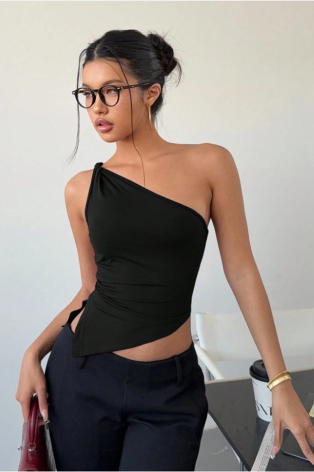 Women's Black One-Shoulder Blouse Asymmetrical Cut Stretch Fabric Cropped Stylish and Modern Design